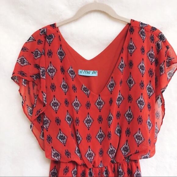 Aina Be Vibrant Red Patterned Flutter Sleeve V-Neck Dress - Picture 8 of 8